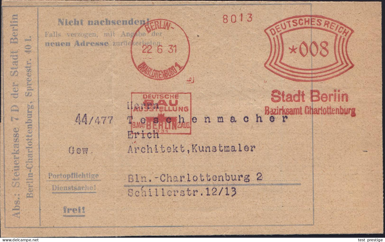 BERLIN-/ CHARLOTTENBURG 1/ DEUTSCHE/ BAU/ AUSSTELLUNG...1931/ ..Bez.Amt Charlottenburg 1931 (22.6.) Seltener AFS Francot - Denkmäler