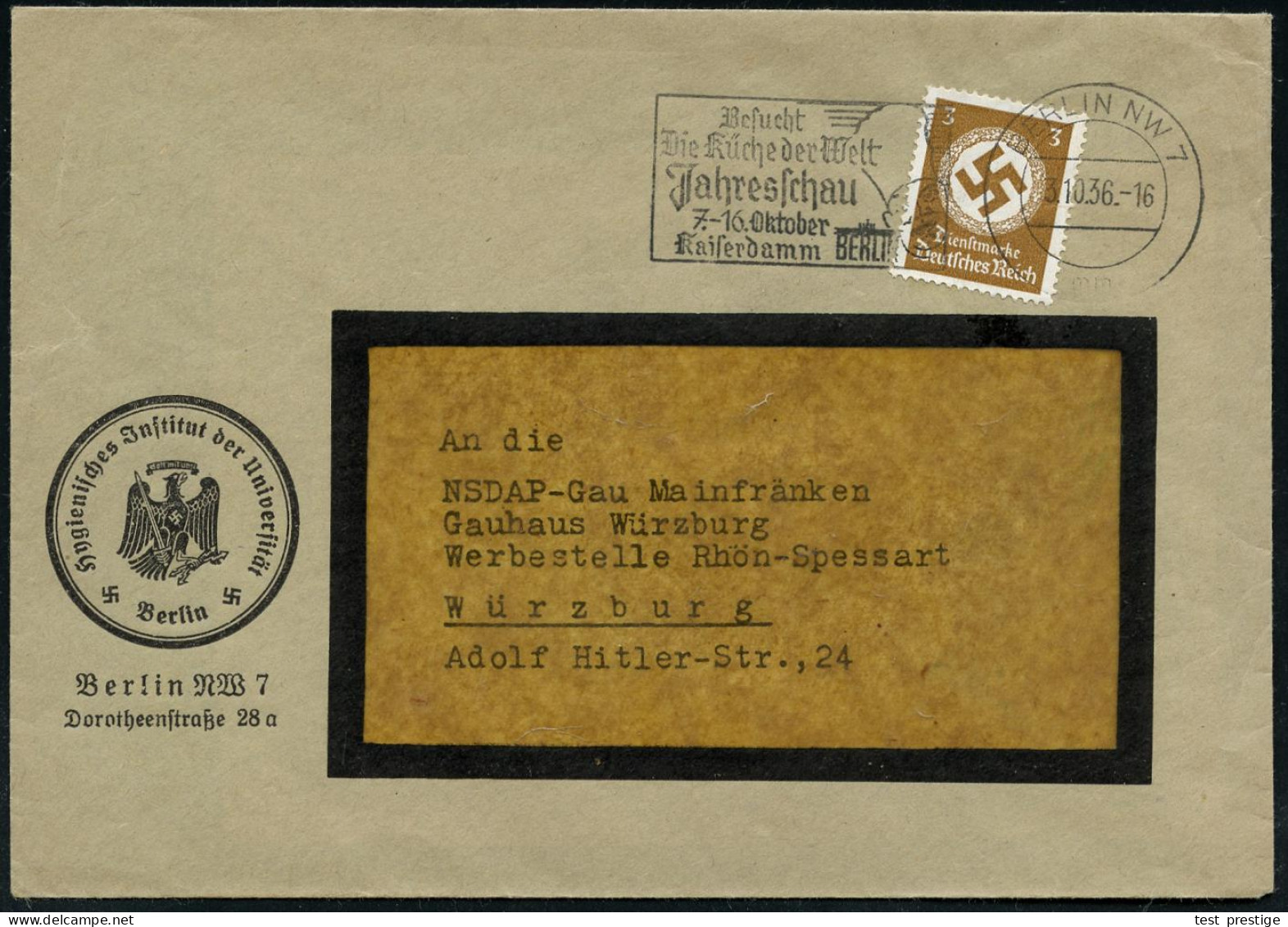 BERLIN NW7/ Me/ Besucht/ Die Küche Der Welt/ 7.-16.Oktober.. 1936 (3.10.) Seltener MWSt Mit  F A L S C H E M  Datum = Br - Monuments
