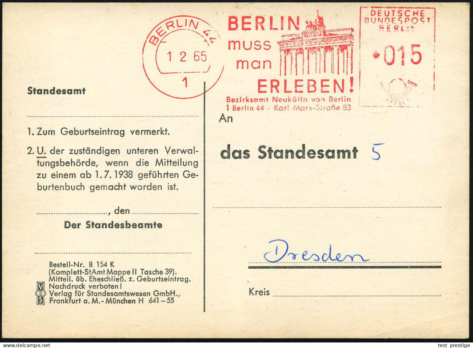 1 BERLIN 44/ BERLIN/ Muss/ Man/ ERLEBEN!/ Bez.Amt Neukölln 1965 (1.2.) AFS = Brandenbg. Tor (mit Quadriga Von Ost-berlin - Monuments