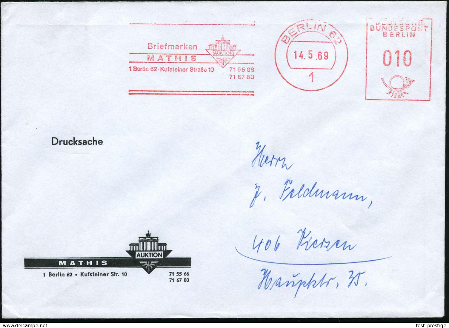 1 BERLIN 62/ Briefmarken/ MATHIS/ AUKTION.. 1969 (5.2.) Seltener AFS Francotyp = Brandenbg. Tor , Motivgl. Firmenbf. (Dü - Monumentos