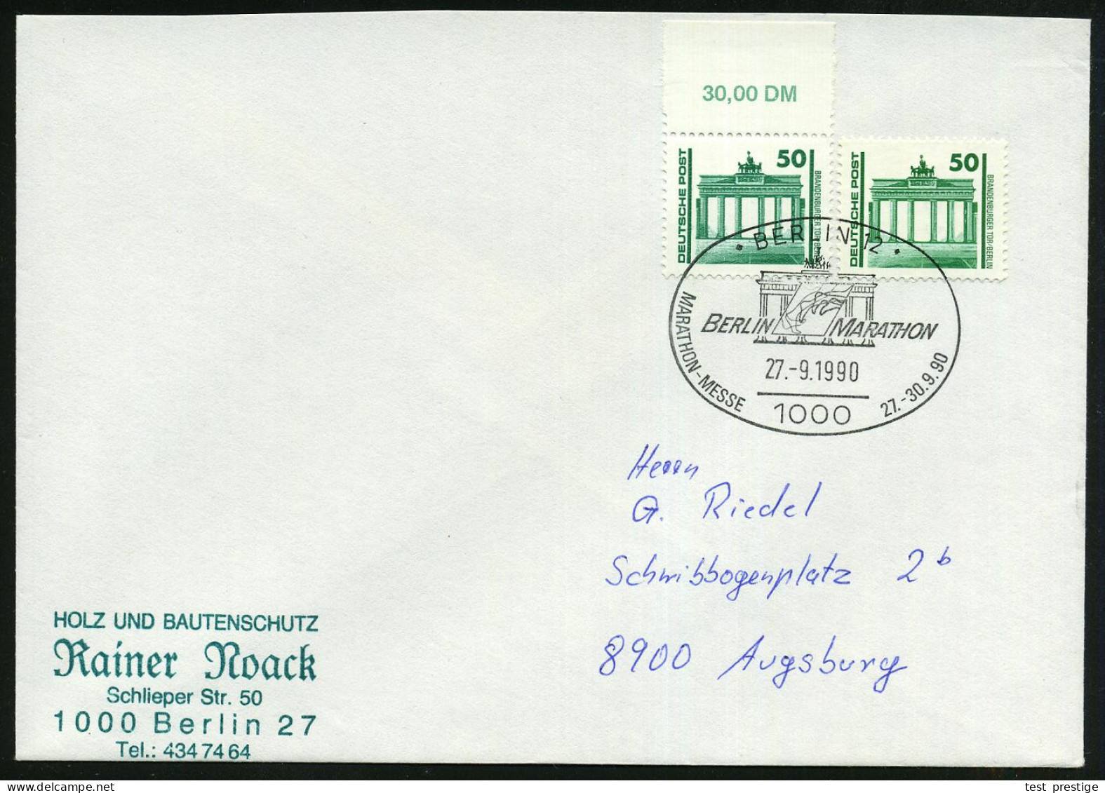 1000 BERLIN 12/ BERLIN MARATHON.. 1990 (27.9.) SSt = Brandenbg. Tor Auf Motivgl. 50 Pf. Brandenbg.Tor VGO , 2x  (1x Ober - Denkmäler