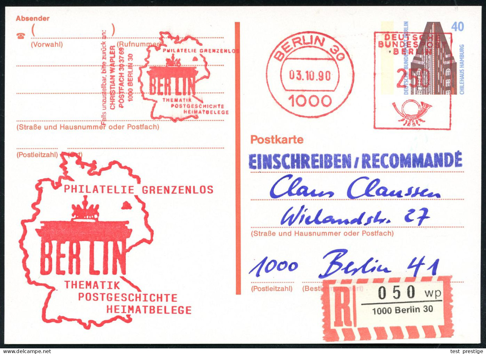 1000 BERLIN 30/ PHILATELIE GRENZENLOS/ BERLIN.. 1990 (3.10.) AFS Francotyp 250 Pf. = Brandenbg. Tor Auf Amtl. P 40 Pf. C - Monuments