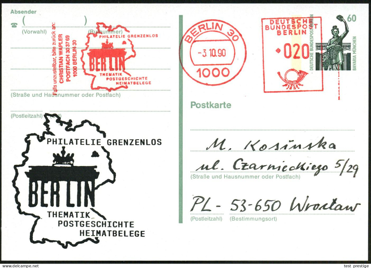 1000 BERLIN 30/ PHILATELIE GRENZENLOS/ BERLIN.. 1990 (3.10.) AFS Francotyp 020 Pf. Auf Amtl. P 66 Pf. Bavaria + Motivgl. - Denkmäler