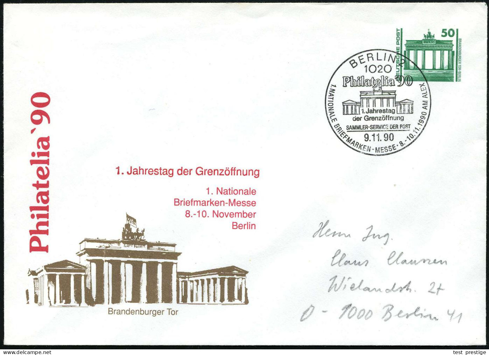 1020 BERLIN 2/ Philatelia'90/ 1.Jahrestag/ D.Grenzöffnung 1990 (9.11.) SSt = Brandenbg. Tor Auf Motivgl. PU 50 Pf. VGO B - Denkmäler