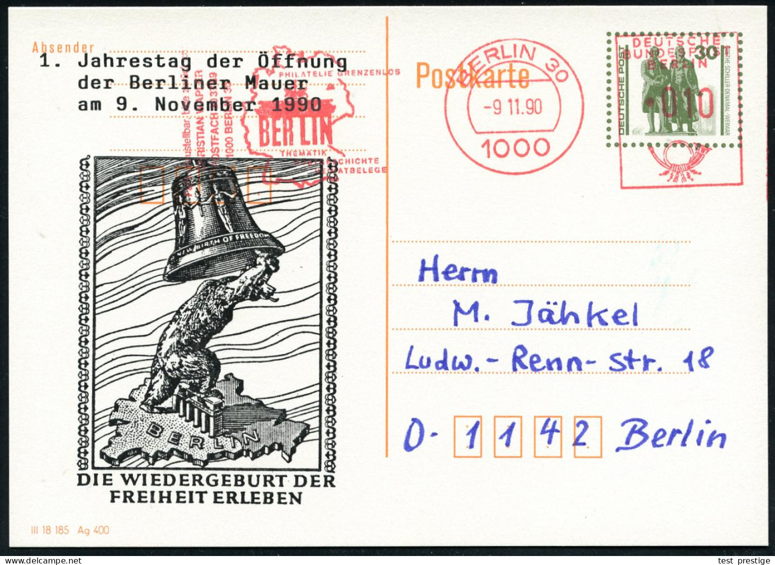 1000 BERLIN 30/ PHILATELIE GRENZENLOS/ BERLIN.. 1990 (9.11.) AFS Francotyp 010 Pf. = Brandenbg. Tor Auf Amtl. P 30 Pf. V - Denkmäler