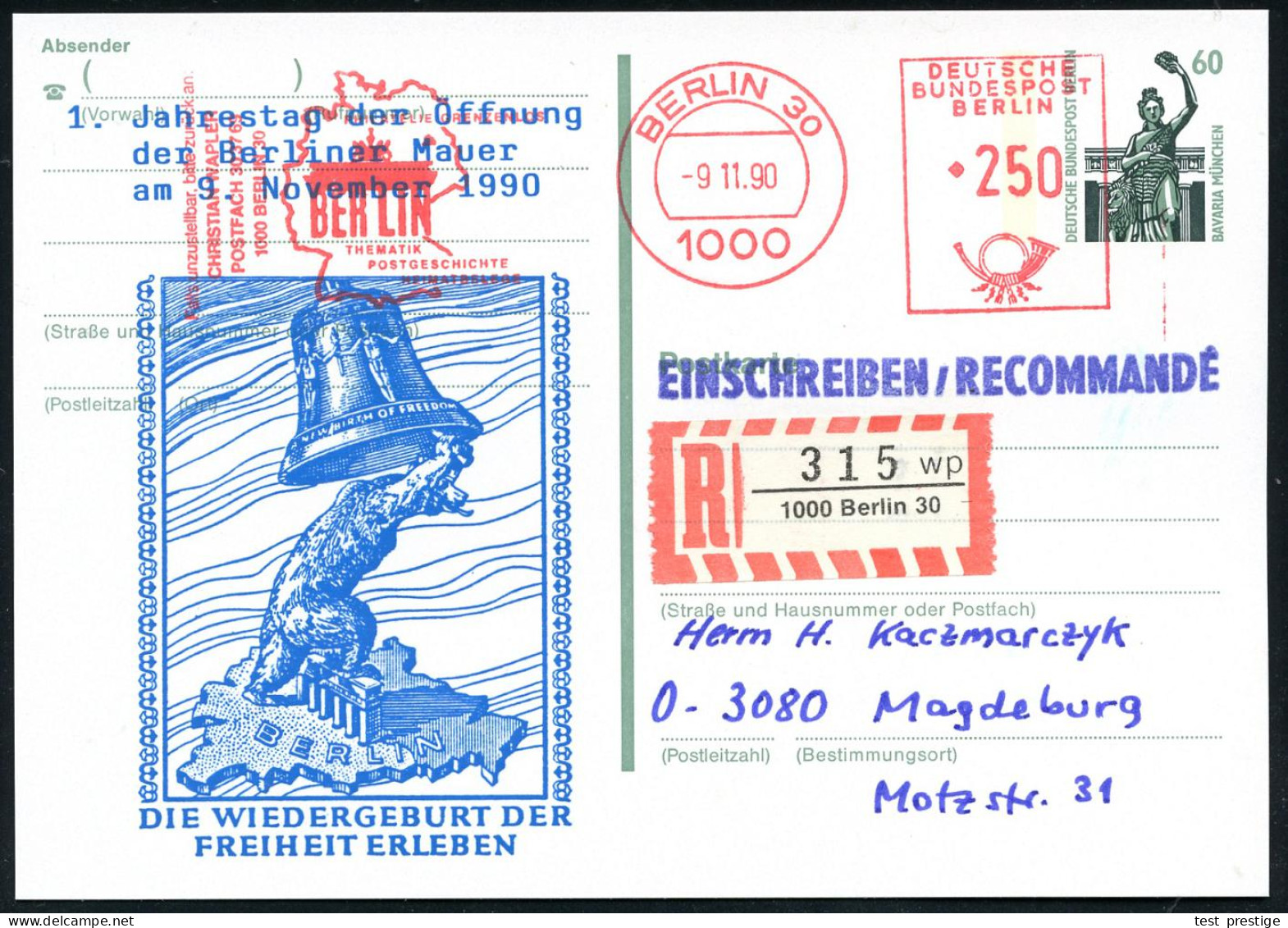 1000 BERLIN 30/ PHILATELIE GRENZENLOS/ BERLIN.. 1990 (9.11.) AFS Francotyp 250 Pf. = Brandenbg. Tor Auf Amtl. P 60 Pf. B - Monumentos