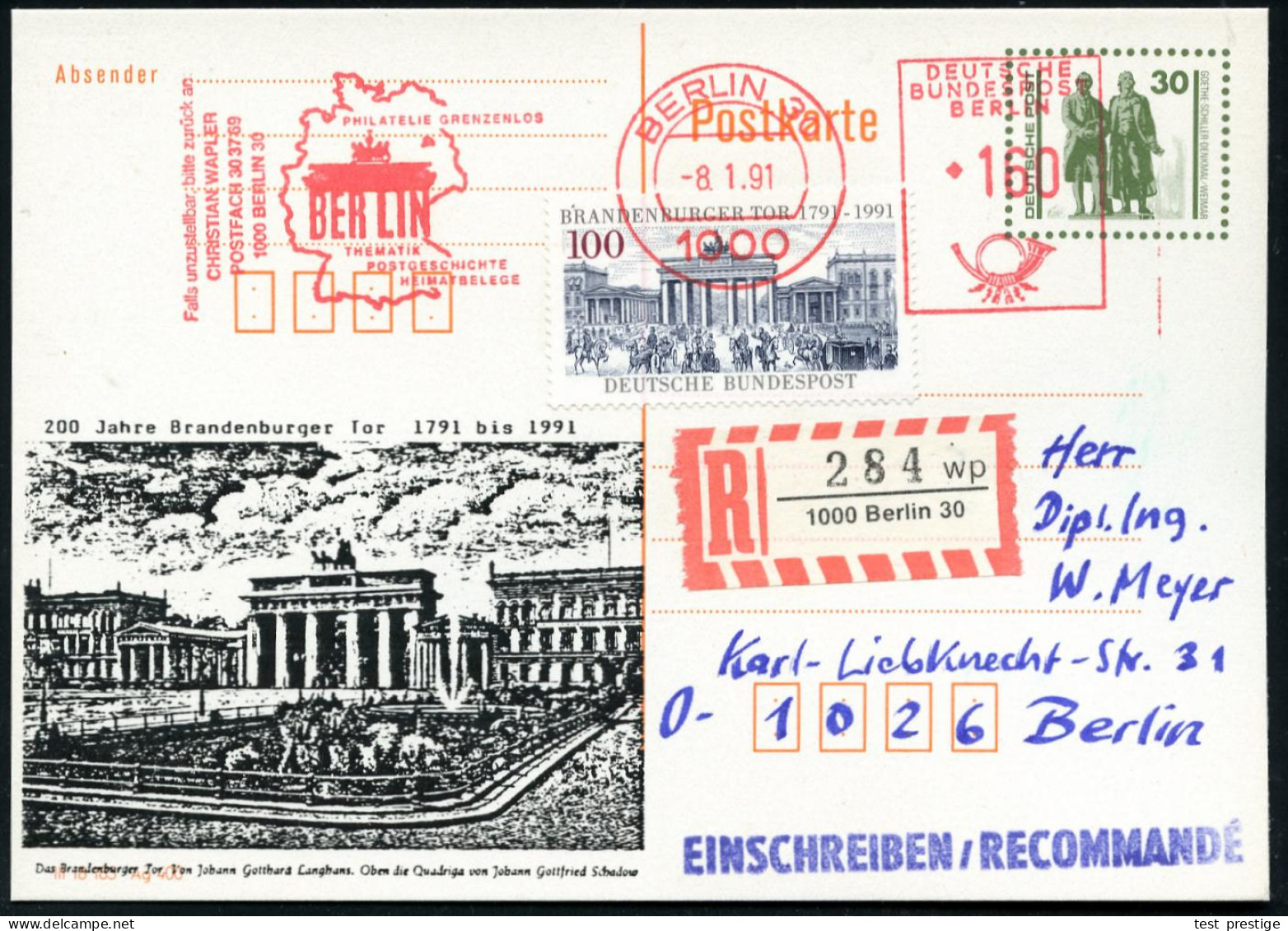 1000 BERLIN 30/ PHILATELIE GRENZENLOS/ BERLIN.. 1991 (8.1.) AFS Francotyp 160 Pf. Auf Amtl. P 30 Pf.  VGO Goethe-Schille - Monuments