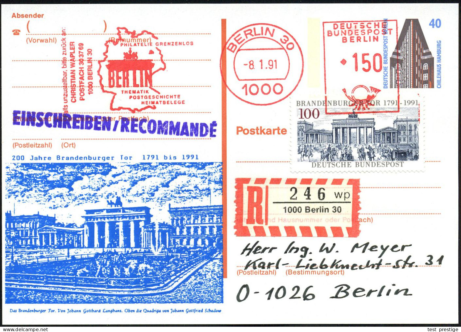 1000 BERLIN 30/ PHILATELIE GRENZENLOS/ BERLIN.. 1991 (8.1.) AFS Francotyp 150 Pf. = Brandenbg. Tor Als VE Auf Amtl. P 40 - Monumentos