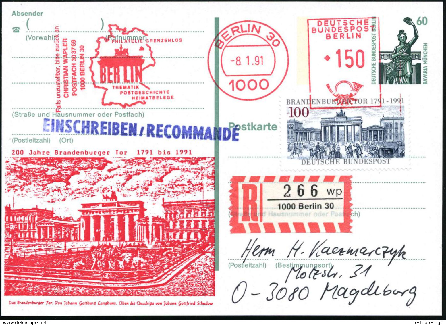 1000 BERLIN 30/ PHILATELIE GRENZENLOS... 1991 (10.8.) AFS Francotyp 150 Pf. = Brandenbg.Tor Als VE Auf Amtl. P 60 Pf. Ba - Monumentos