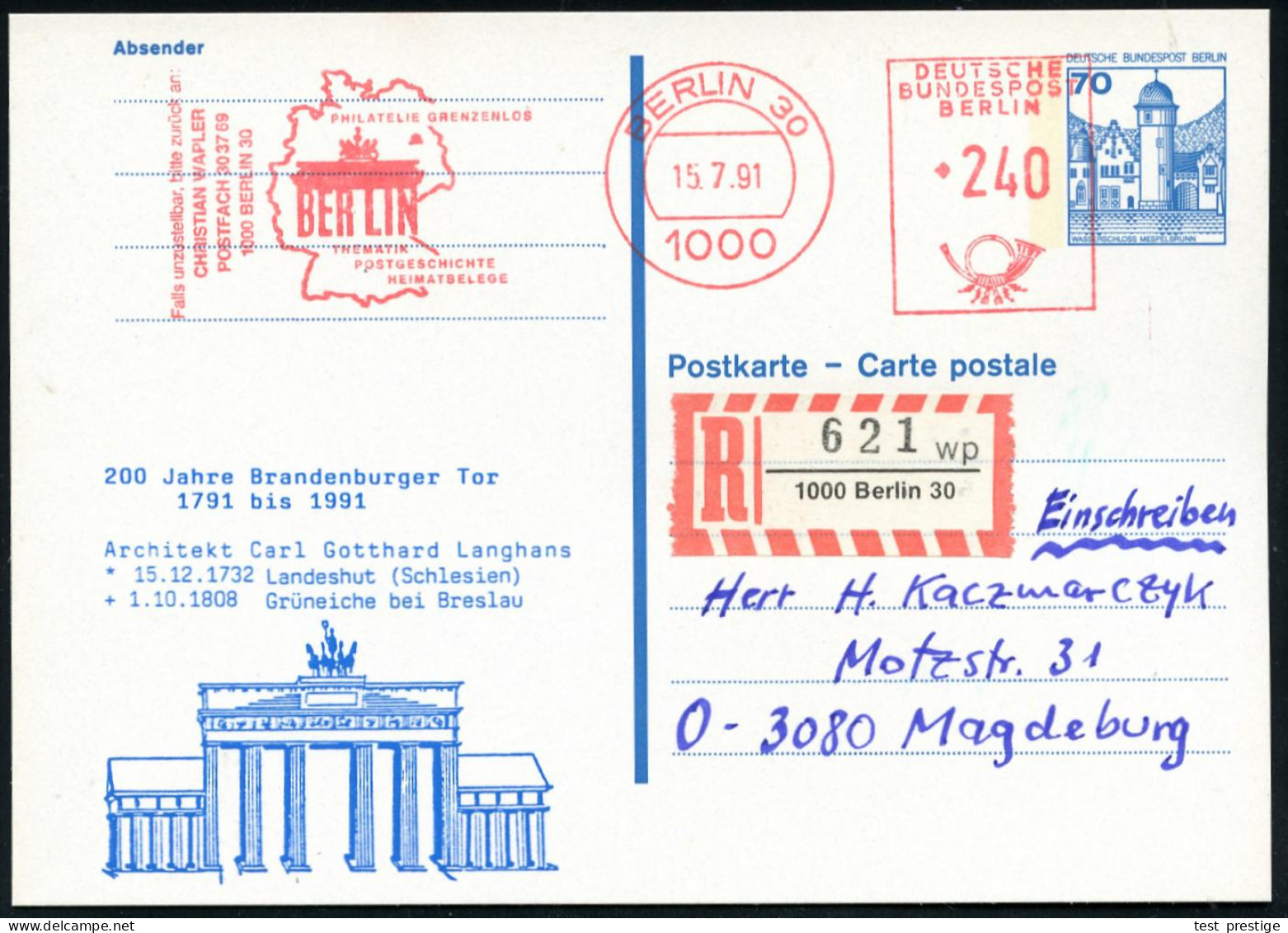 1000 BERLIN 30/ PHILATELIE GRENZENLOS/ BERLIN. 1991 (15.7.) AFS Francotyp 240 Pf. = Brandenbg. Tor Als VE Auf Amtl. P 70 - Monuments