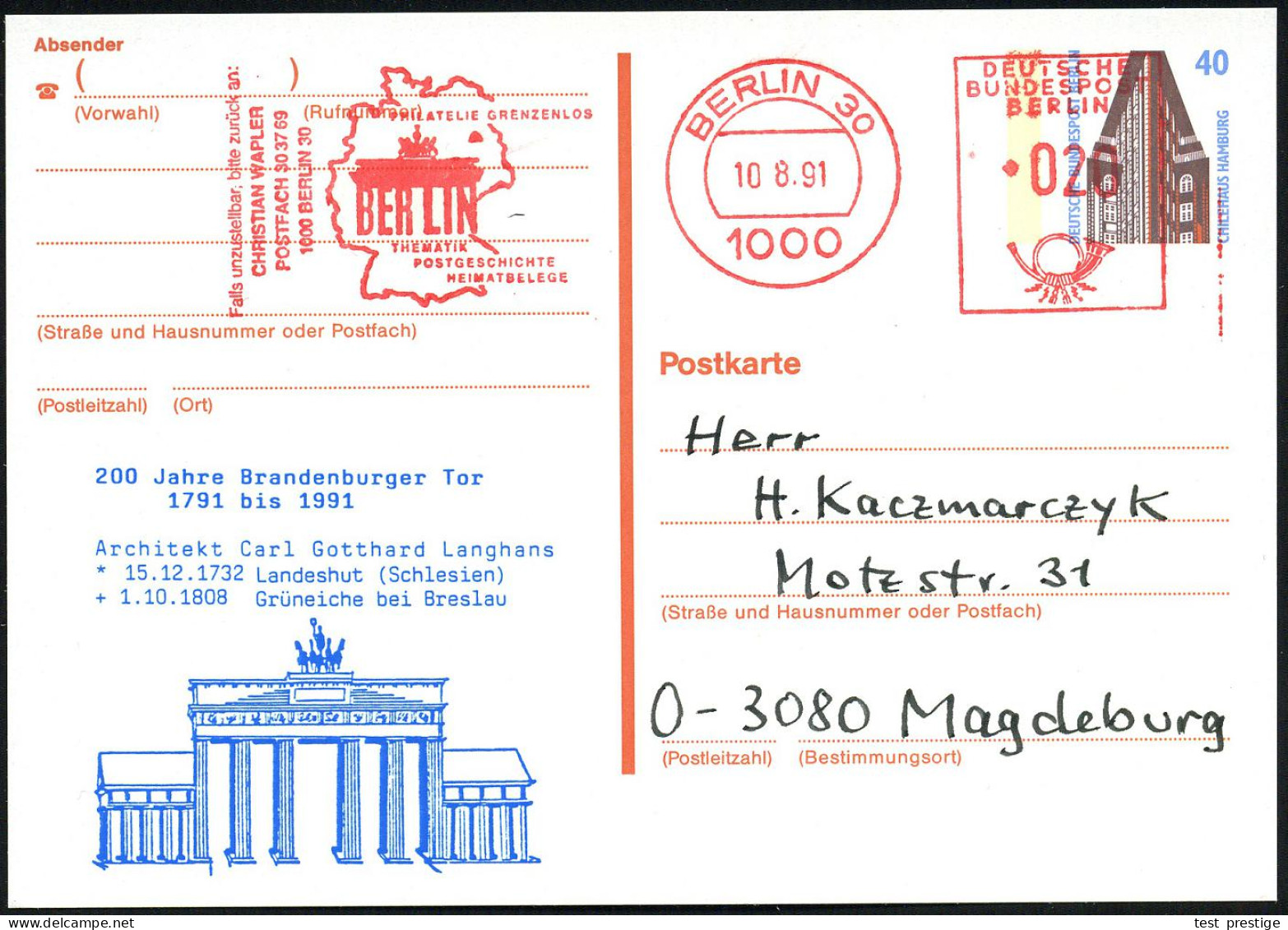 1000 BERLIN 30/ PHILATELIE GRENZENLOS/ BERLIN.. 1991 (10.8.) AFS Francotyp 020 Pf. = Brandenbg. Tor Als VE Auf Amtl. P 4 - Denkmäler