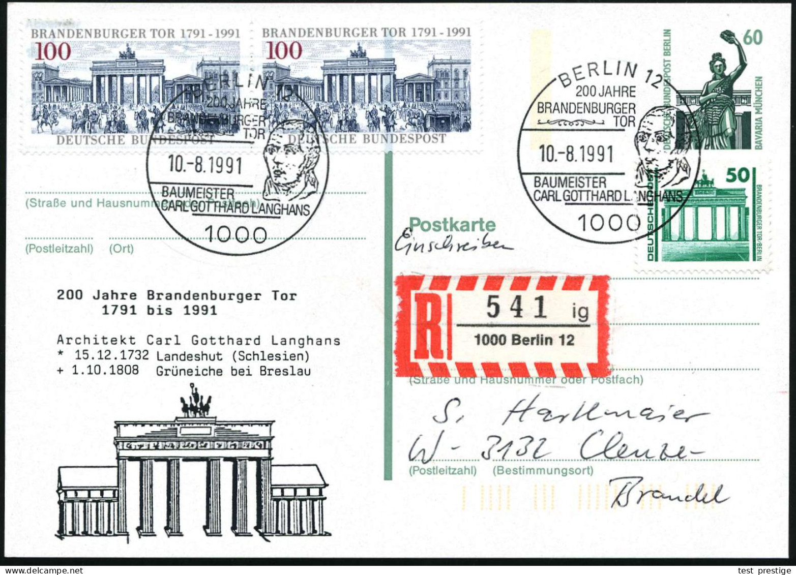 1000 BERLIN12/ 200 JAHRE/ BRANDENBG.TOR/ ..C.G.LANGHANS 1991 (10.8.) SSt = Kopfbild Langhans Auf Amtl. P 60 Pf. Bavaria  - Denkmäler