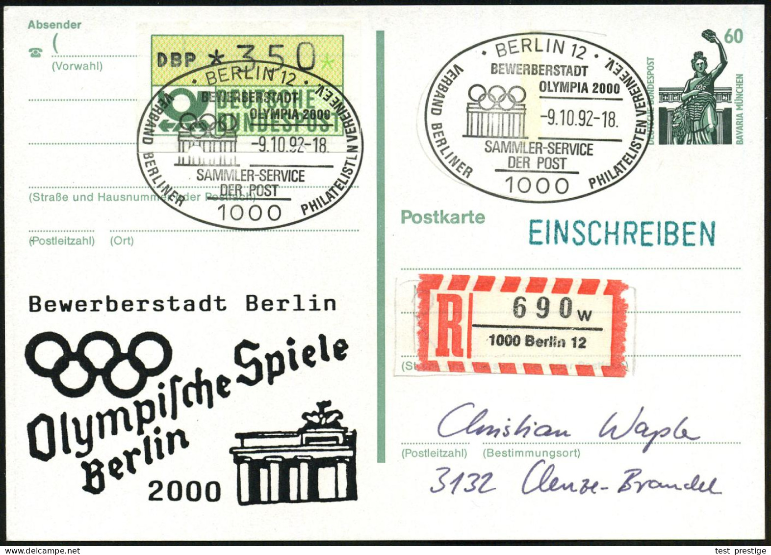 1000 BERLIN 12/ BEWERBERSTADT/ OLYMPA 2000... 1992 (9.10.) SSt = Brandenbg. Tor Mit Olympia-Ringen Auf P 60 Pf. Bavaria  - Monuments