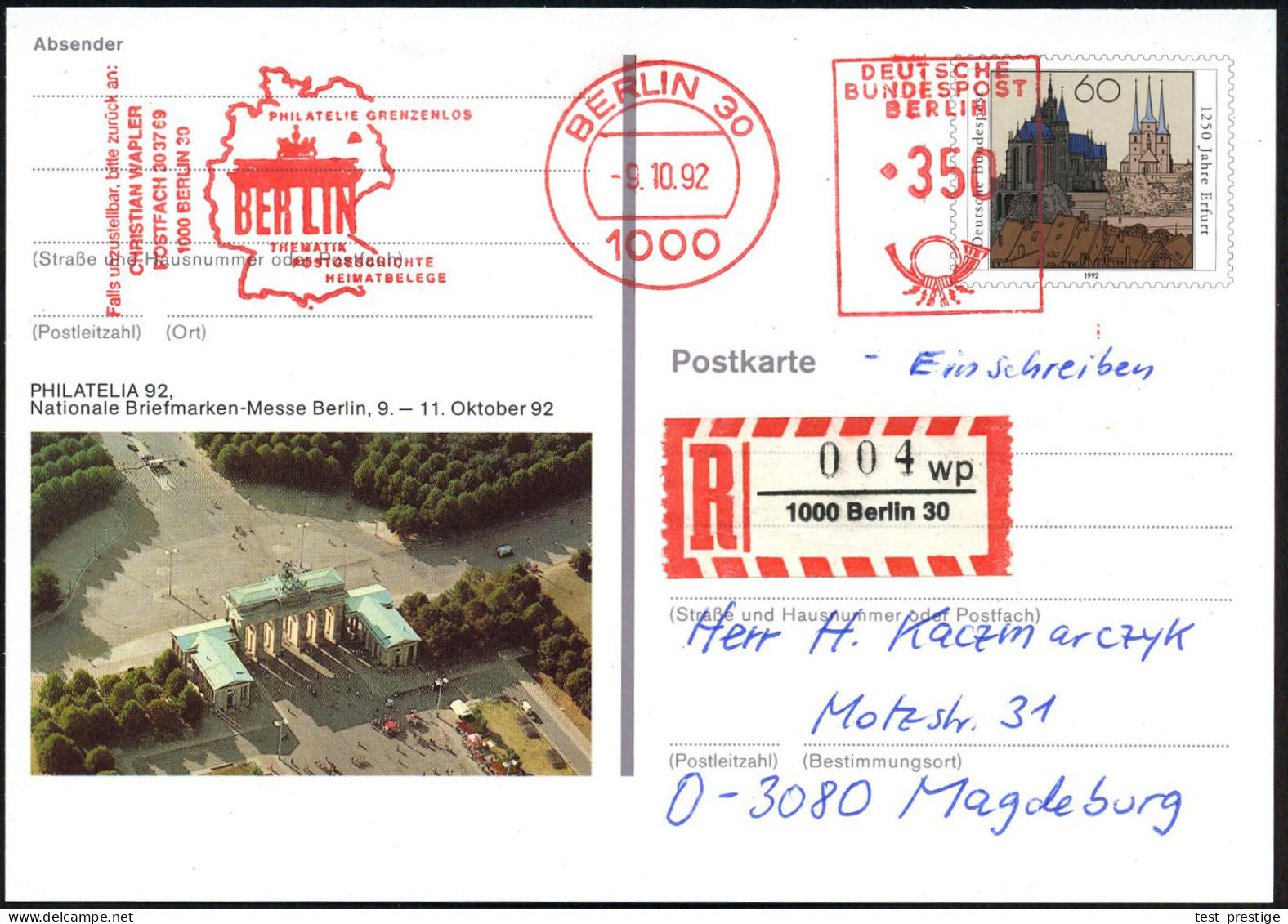 1000 BERLIN 30/ PHILATELIE GRENZENLOS/ BERLIN.. 1992 (9.10.) AFS Francotyp 350 Pf. = Brandenbg. Tor Als VE Auf Amtl. Son - Monuments