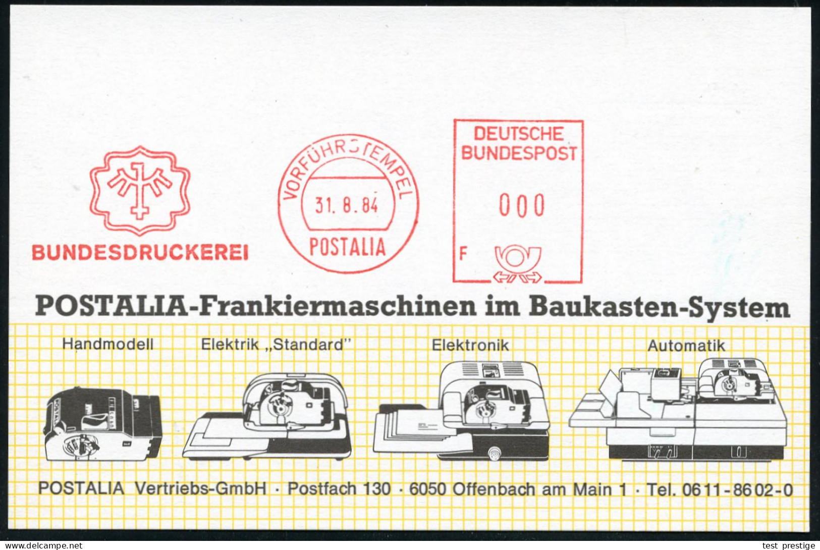 Berlin 1984 (31.8.) AFS: VORFÜHRSTEMPEL/POSTALIA/F/BUNDESDRUCKEREI (Logo) Firmensitz Berlin 61, Druckerei Für Briefmarke - Sonstige