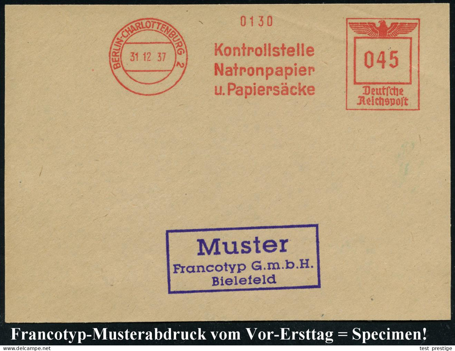 BERLIN-CHARLOTTENBURG 2/ Kontrollstelle/ Natronpapier/ U.Papiersäcke 1937 (31.12.) AFs-Muster Francotyp "Reichsadler" ,  - Sonstige