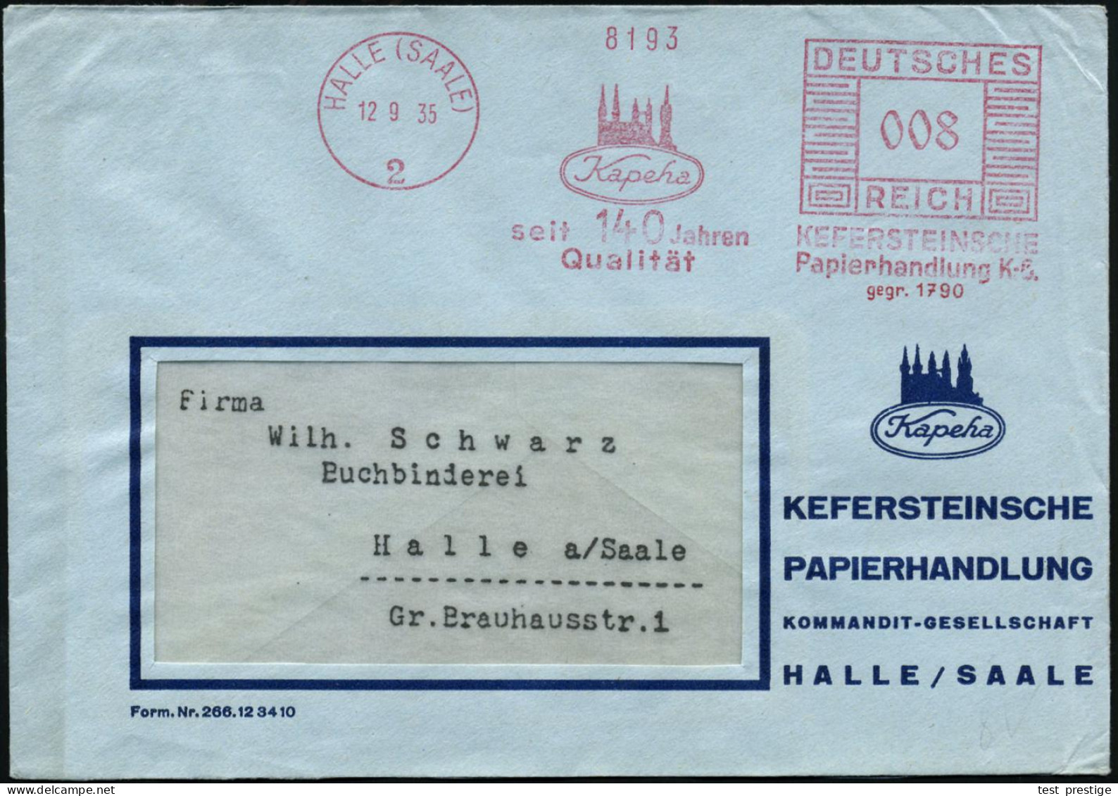 HALLE (SAALE)/ 2/ Kapeha/ Seit 140 Jahren/ Qualität/ KEFERSTEINSCHE/ PAPIERHANDLUNG 1935 (12.9.) Jubil.-AFS Francotyp (D - Autres