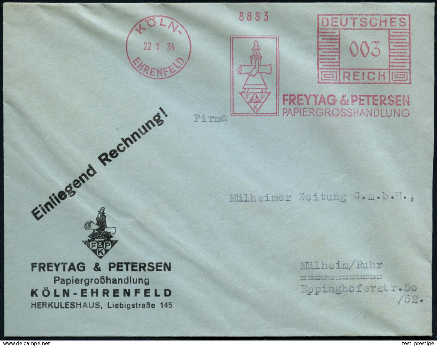 KÖLN-/ EHRENFELD/ FREYTAG & PETERSEN/ PAPIERGROSSHANDLUNG 1934 (22.1.) AFS Francotyp = Künstler Mit Papierrolle Klar Auf - Otros