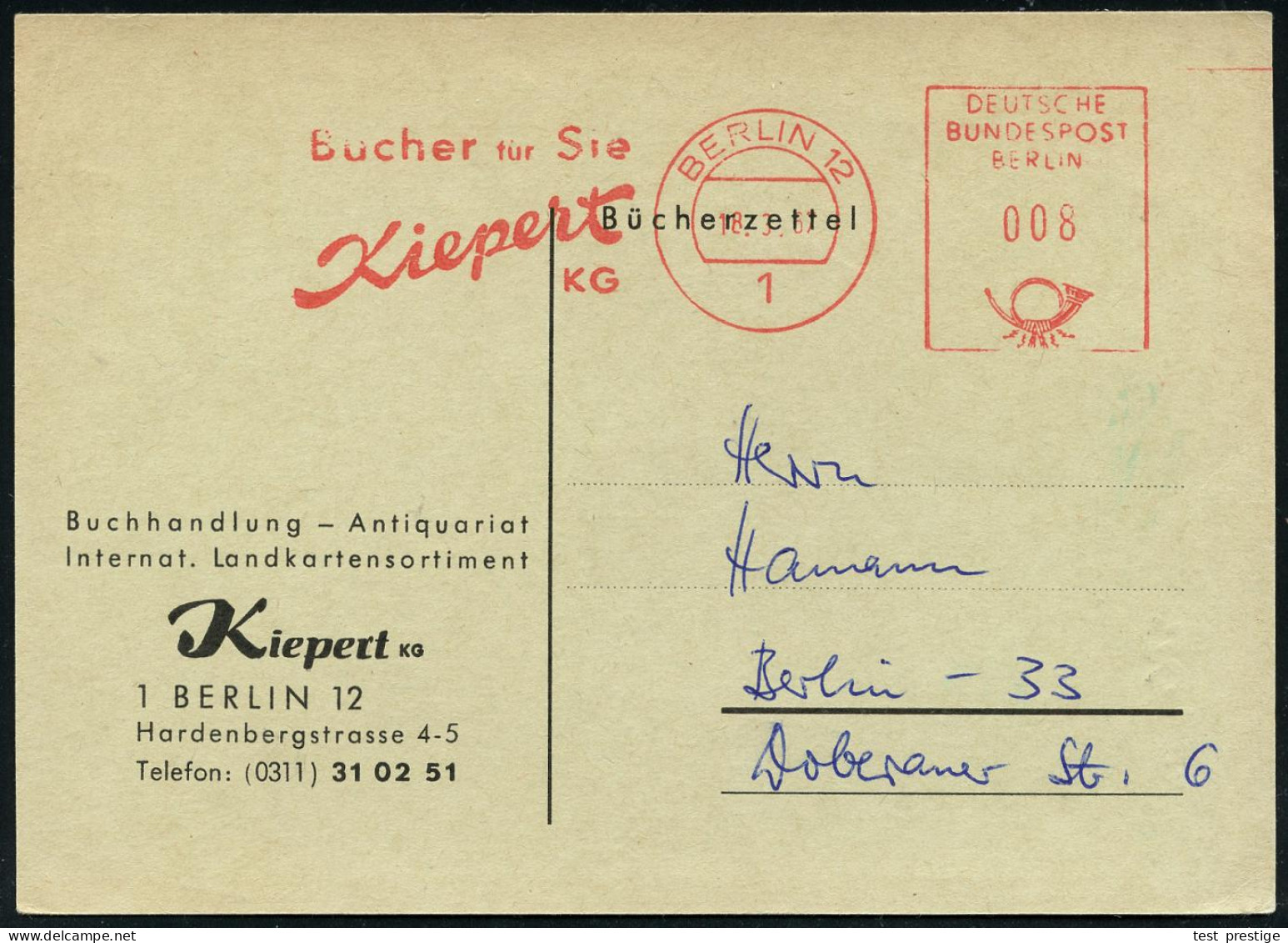 1 BERLIN 12/ Bücher Für Sie/ Kiepert/ KG 1967 (18.3.) AFS Postalia 008 Pf. = Sonderporto Ortskarte , Firmen-Kt. "Bücherz - Sonstige