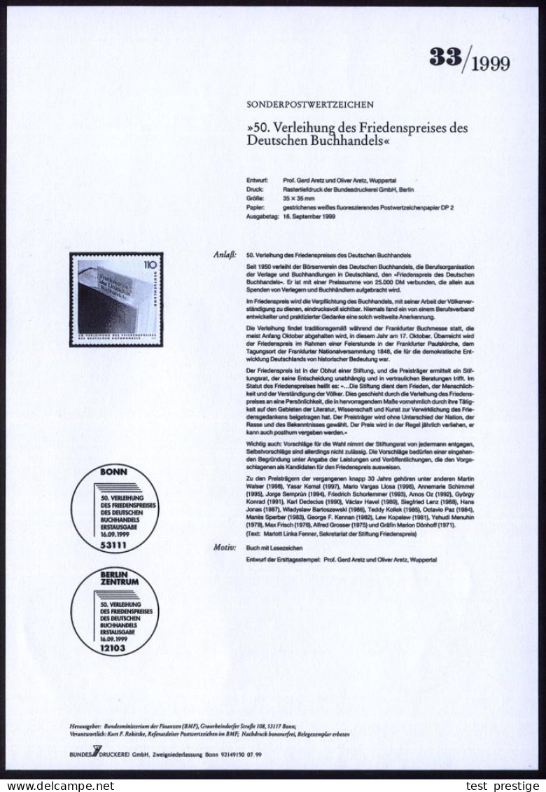 B.R.D. 1999 (Sept.) 110 Pf. "50. Verleihung Friedenspreises Des Deutschen Buchhandels" M. Amtl. Handstempel  "M U S T E  - Autres