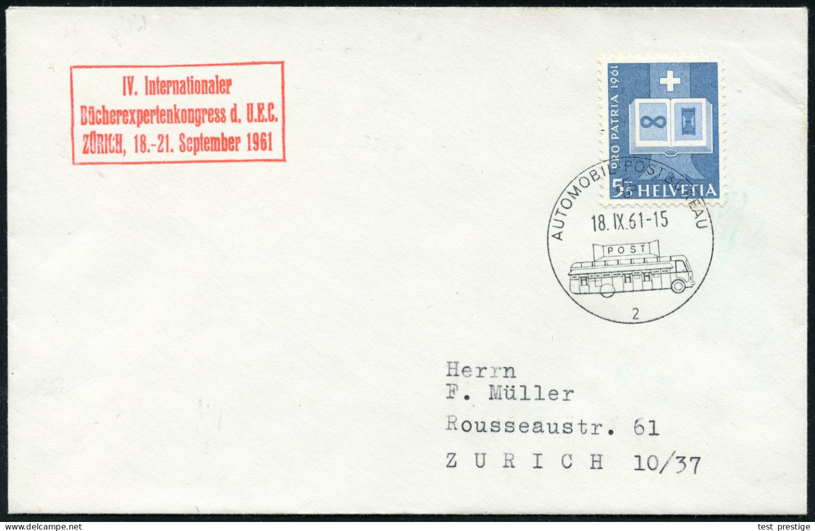 SCHWEIZ 1965 (18.9.) Amtl., Roter Ra.3: ZÜRICH../IV.Internat./Bücherexpertenkongress D. U.E.C. + 1K: AUTO-PA Nr.2, Klar  - Sonstige