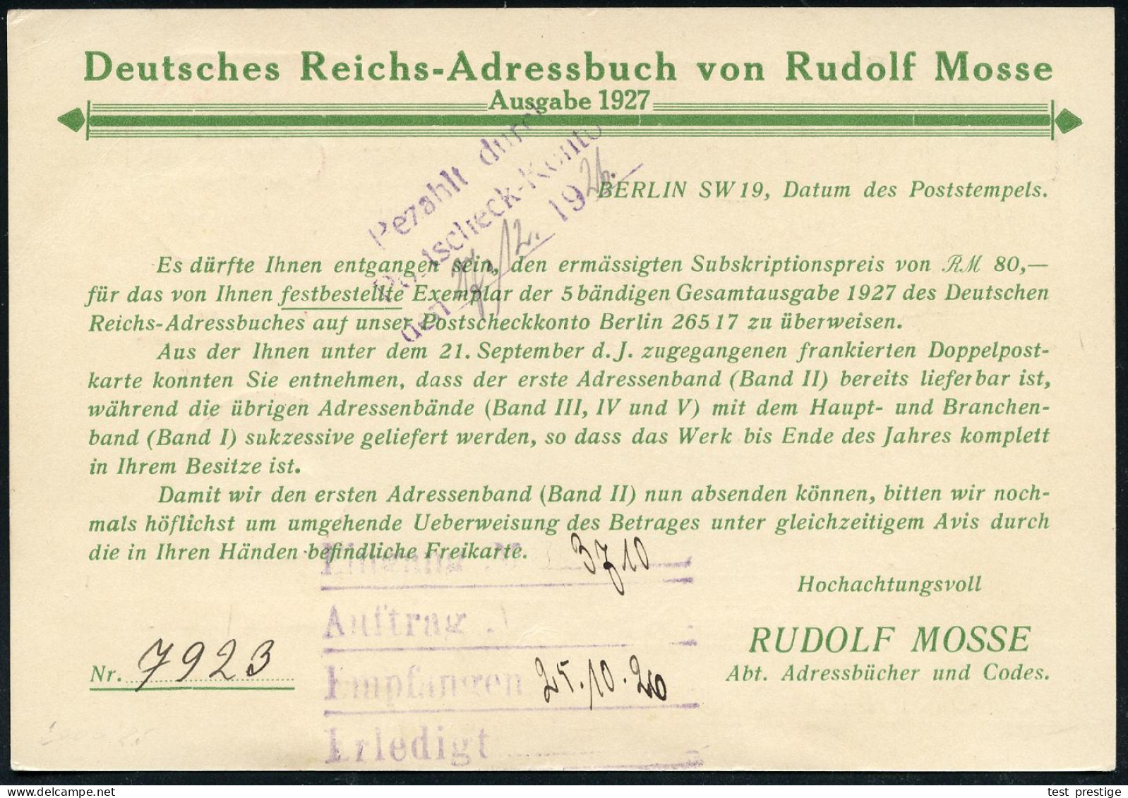 BERLIN SW 19/ Rudolf Mosse 1926 (23.10.) Seltener AFS Vorläufer-Typ "Bafra" (Vertikalachse) Vierstellig 0005 Pf. Auf Rek - Andere