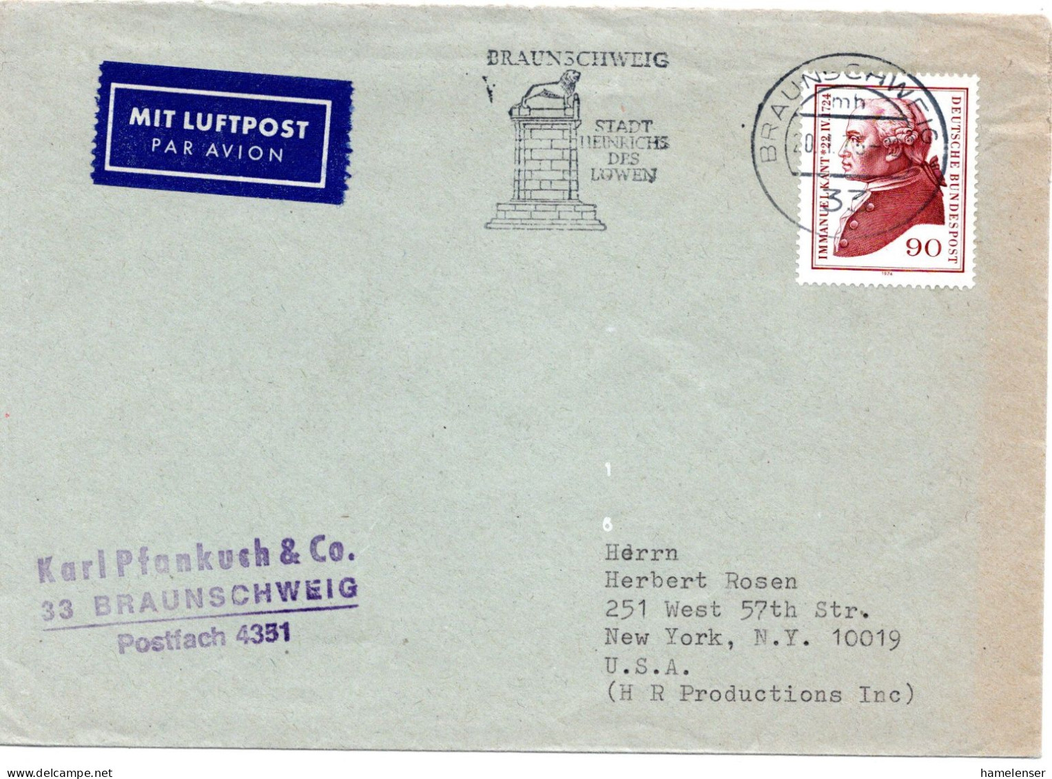 69765 - Bund - 1975 - 90Pfg Kant EF A LpBf BRAUNSCHWEIG -> New York, NY (USA) - Briefe U. Dokumente