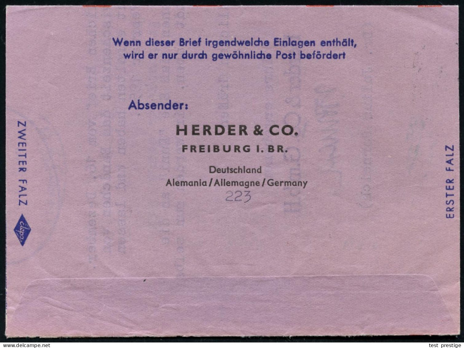 (17b) FREIBURG (BREISGAU) 1/ Durch Buch/ Zum Leben! 1958 (3.1.) AFS Francotyp 060 Pf. = Herder-Verlag , Übersee-Aerogram - Otros