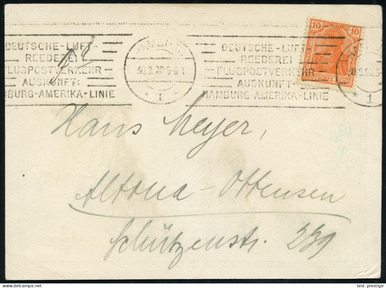 HAMBURG/ *1*/ DEUTSCHE LUFT-/ REEDEREI../ HAMBURG AMERIKA-LINIE 1920 (30.9.) Seltener Band-MaWSt (im Orts Etw. Schwach)  - Otros