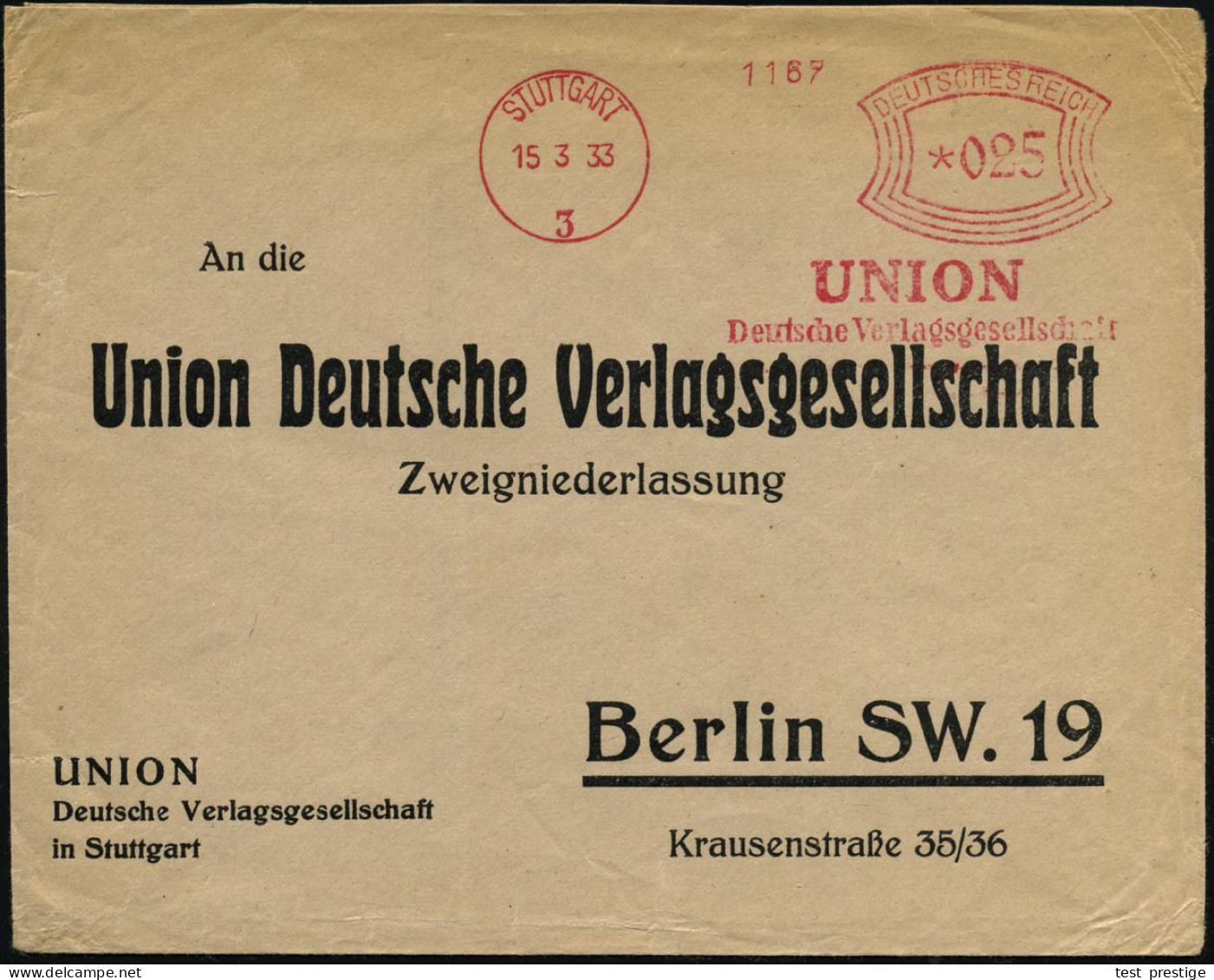 STUTTGART/ 3/ UNION/ Deutsche Verlagsgesellschaft 1933 (15.3.) AFS Francotyp 025 Pf. Auf Verlags-Antwort-Bf. = Verlag Fü - Andere