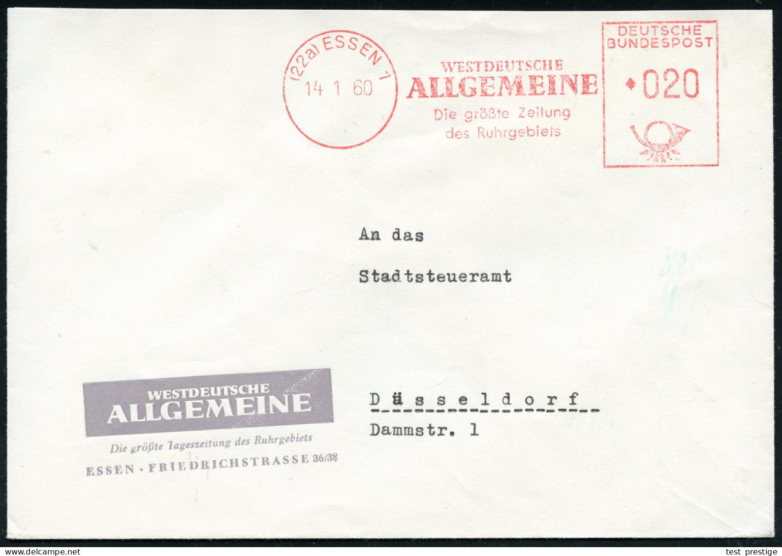 (22a) #bzw.# 43 ESSEN 1/ WESTDEUTSCHE/ ALLGEMEINE.. 1960/62 2 Verschiedene AFS Francotyp, Alte U. Neue, Kleine PLZ = Son - Otros