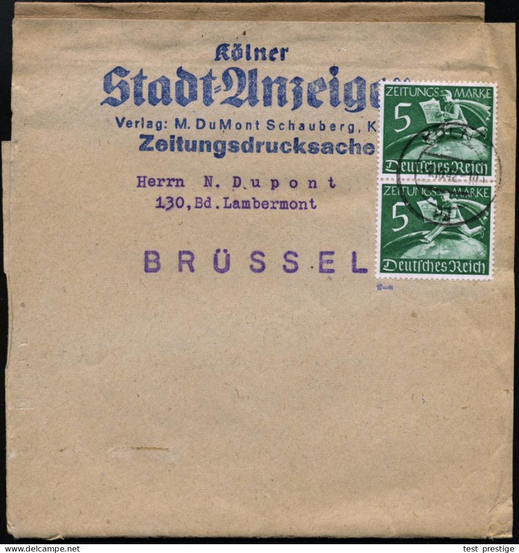 KÖLN 1/ H D 1942 (1.10.) Seltener 2K-Steg Auf Reiner MeF 5 Pf. Zeitungsmarke, Grün = Paar , Sauber Gest. Zeitungs-Sb.: K - Otros