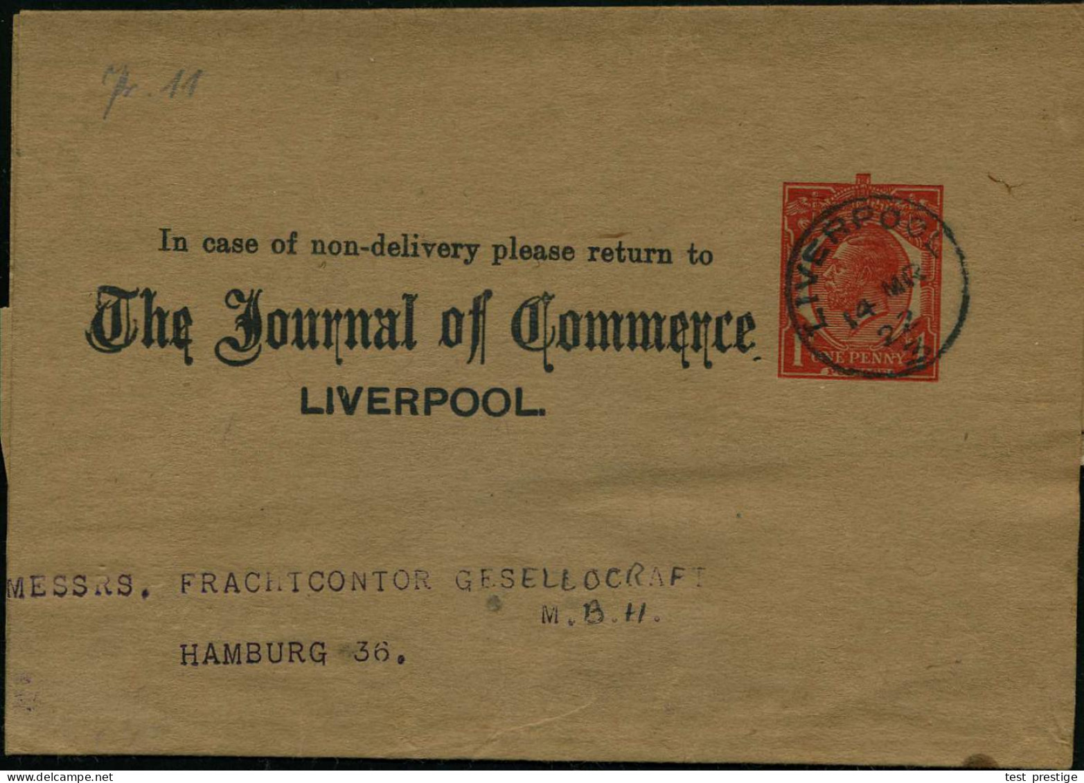 GROSSBRITANNIEN 1922 (14.3.) Privat-Zeitungs-Sb "George V." 1 D. ,rot: The Journal Of Commerce LIVERPOOL , 1K: LIVERPOOL - Otros