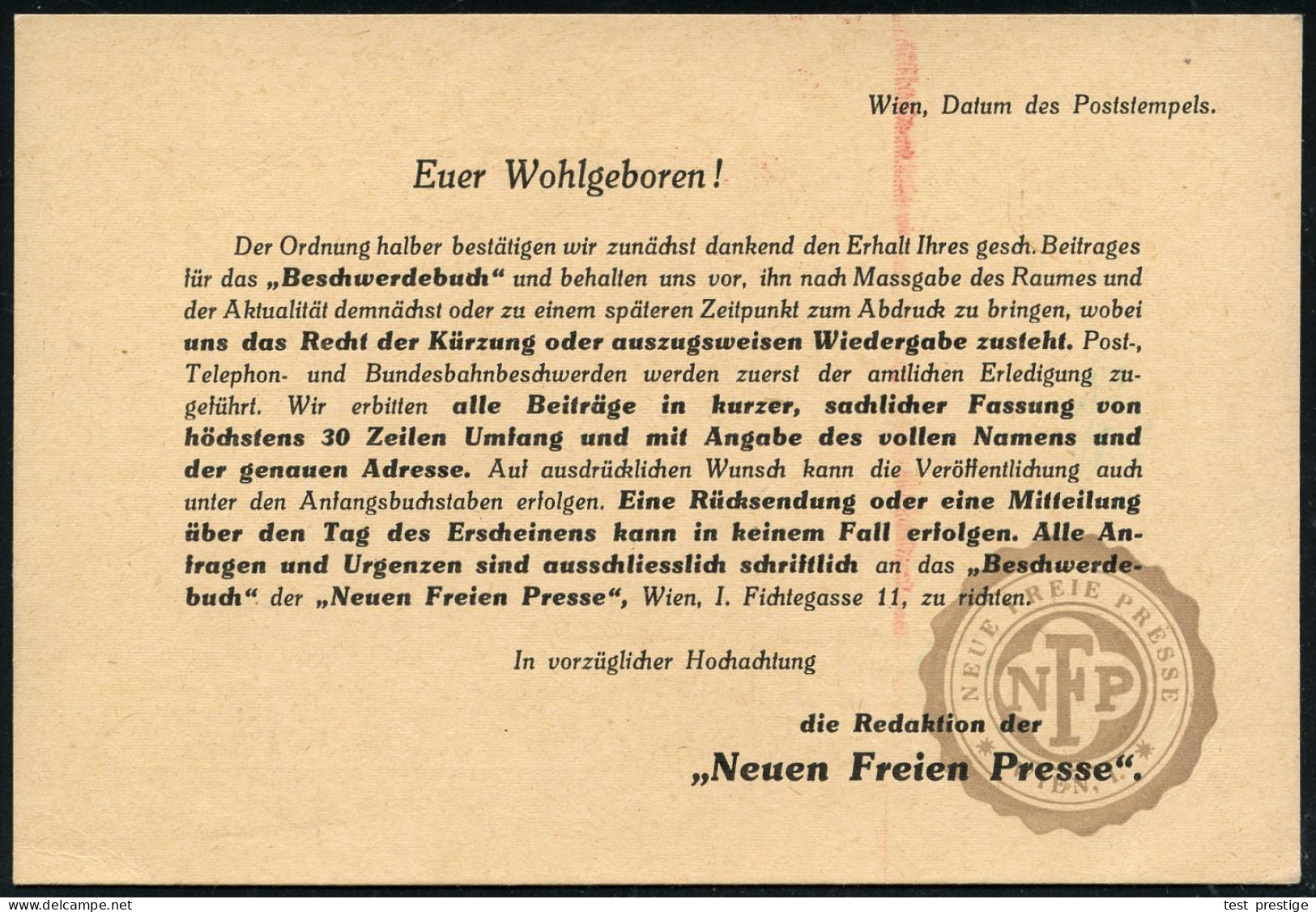 ÖSTERREICH 1932 (8.12.) AFS. Francotyp: WIEN/15/Neue/Frei Presse.. , Rs. Vordruck über Das "Beschwerdebuch".., Orts-Kt.  - Sonstige