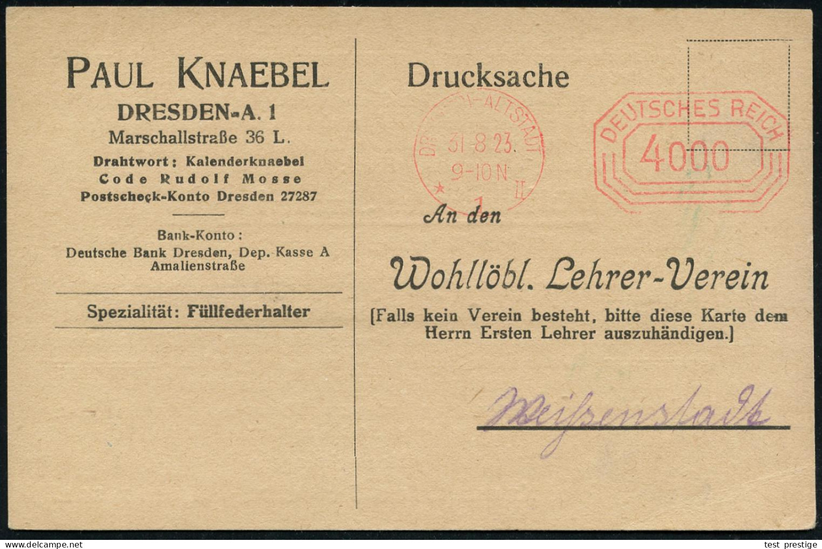 DRESDEN-ALTSTADT/ *1II/ DEUTSCHES REICH 1923 (31.8.) PFS "Achteck" 4000 Mk. Auf Seltener Postwurfsendung "An Den Wohllöb - Andere