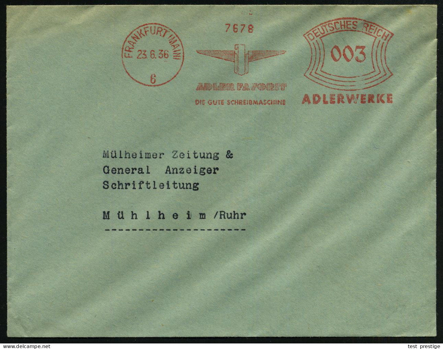FRANKFURT (MAIN)/ 6/ ADLER FAVORIT/ Die Gute Schreibmaschine.. 1936 (23.6.) AFS Francotyp (Firmen-Logo), Rs. Abs.-Vordru - Other