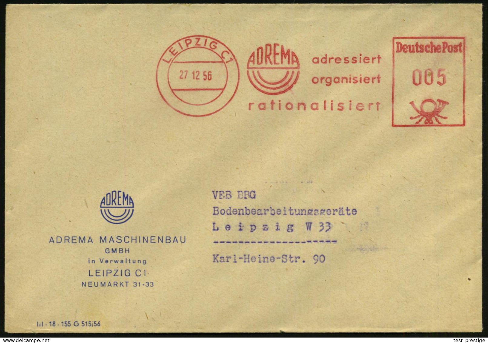 LEIPZIG C1/ ADREMA/ Adressiert... 1956 (27.12.) AFS Francotyp = Altes Firmen-Logo! , Motivgl. Firmen-Orts-Bf.: ADREMA..I - Autres