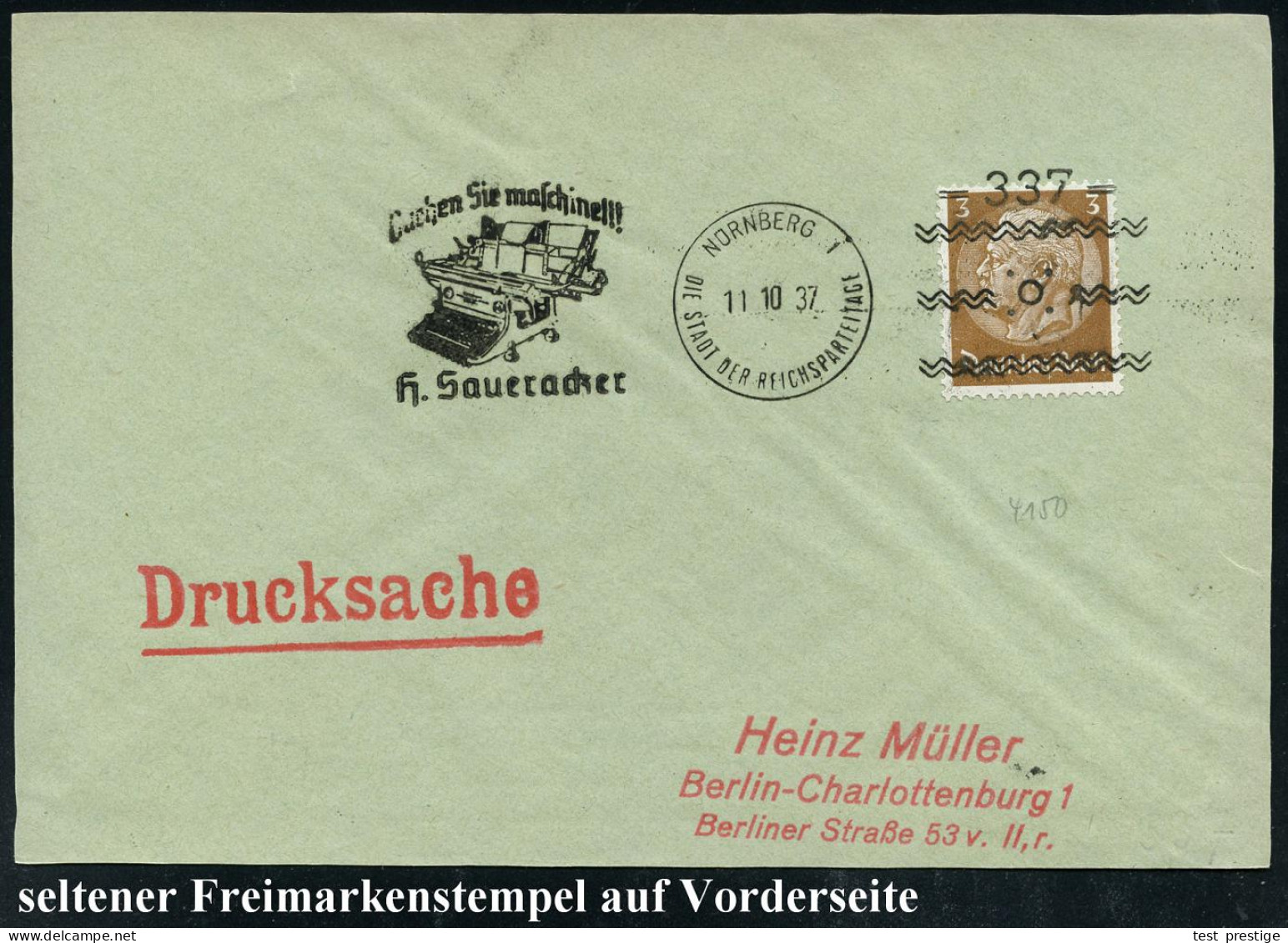 NÜRNBERG 1/ DSDR/ =337=/ Buchen Sie Maschinell/ H.Saueracker 1937 (11.10.) Seltener Freimarkenstempel (Buchungsmaschine) - Autres