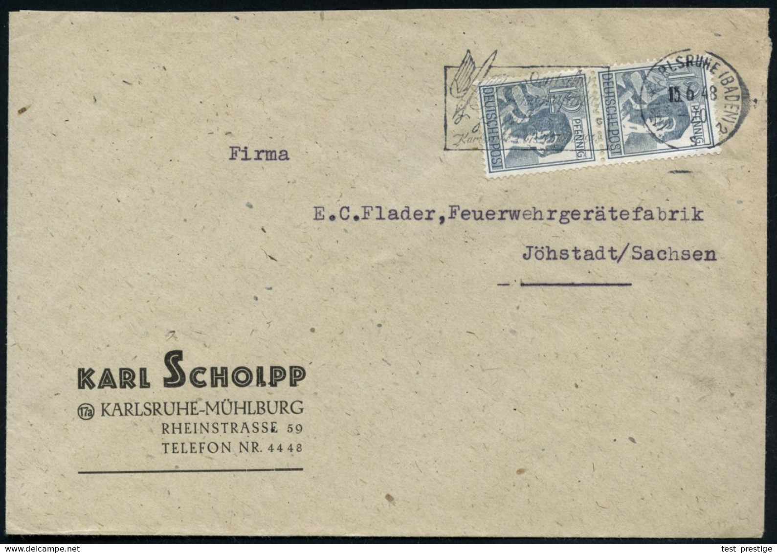 (17a) KARLSRUHE (BADEN)2/ S/ Dt./ Stenographentag 1948 (15.6.) MWSt Teils In Steno (Logo: Geflügelte Feder) Firmen-Bf. ( - Otros