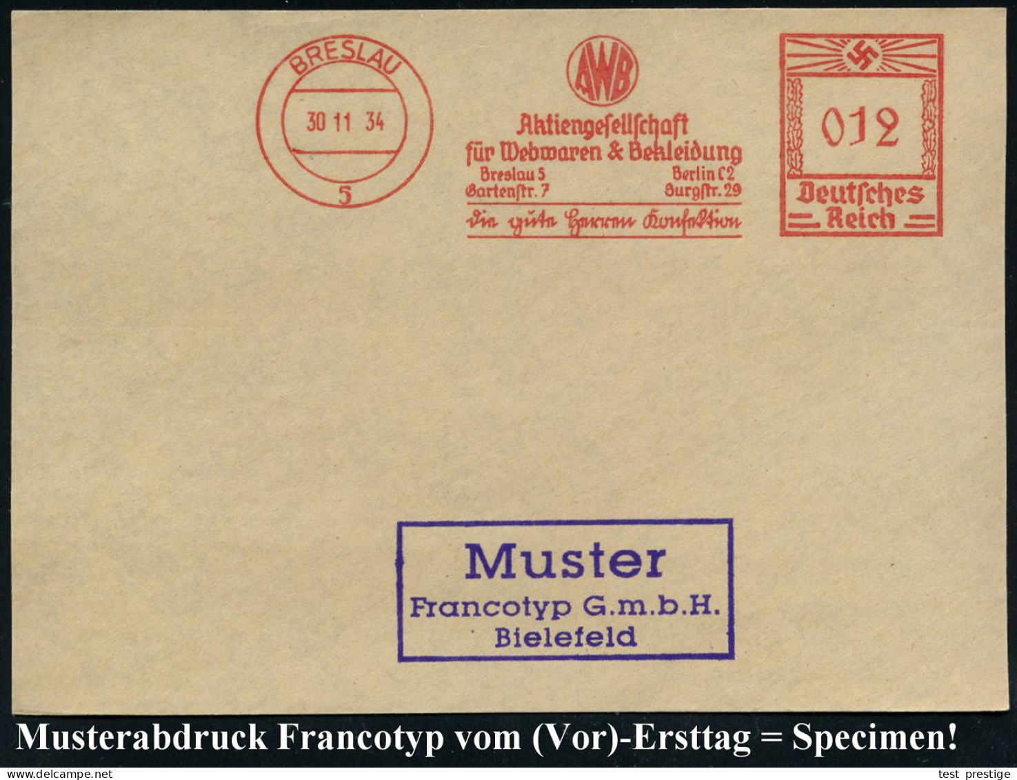 BRESLAU/ 5/ AWB/ Aktiengese./ Für Webwaren & Bekleidung/ ..die Gute Herren Konfektion 1934 (30.11.) AFS-Musterabdruck Fr - Sonstige