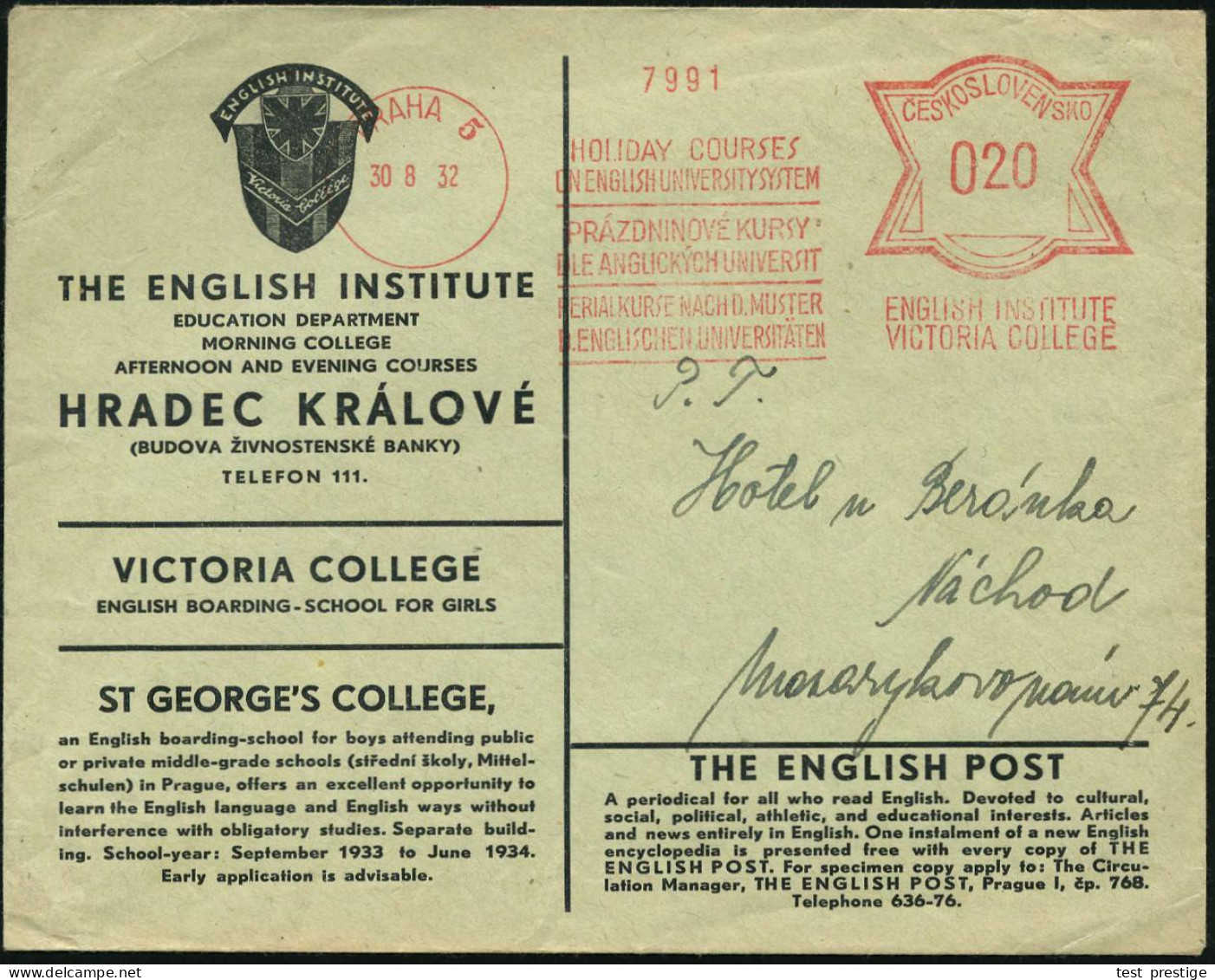 TSCHECHOSLOWAKEI 1932 (30.8.) AFS Francotyp: PRAHA 5/HOLIDAY COURSES/ON ENGLISH UNIVERSITY SYSTEM/..VICTORIA COLLEGE , D - Andere