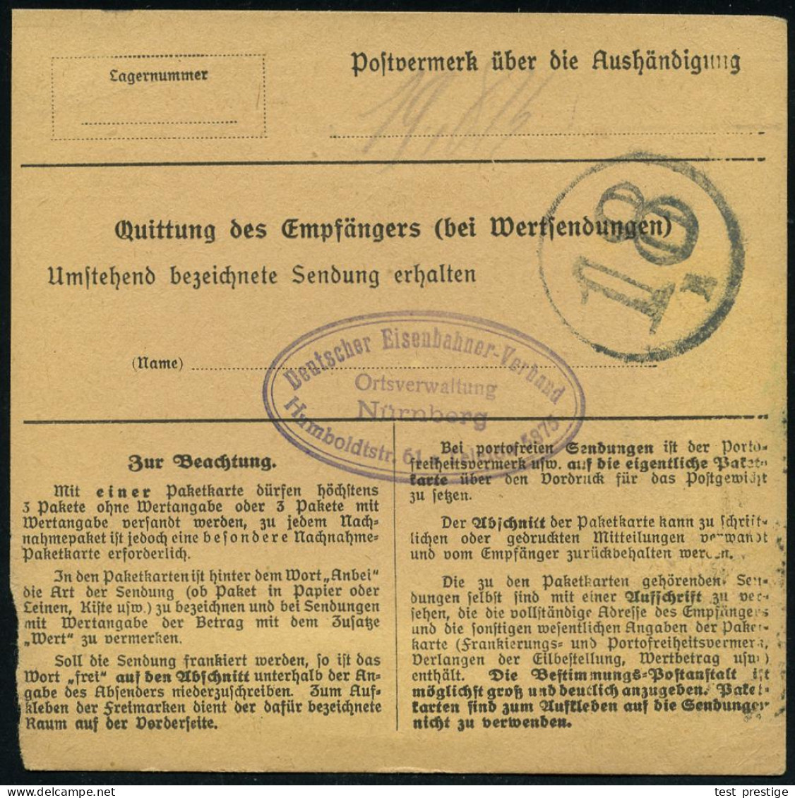 BERLIN C./ *25m 1921 (16.8.) 1K-Gitter + Provis. Selbstbucher-Paketzettel: Berlin 16/ Deutscher Eisenbahner-/Verband (mi - Trenes