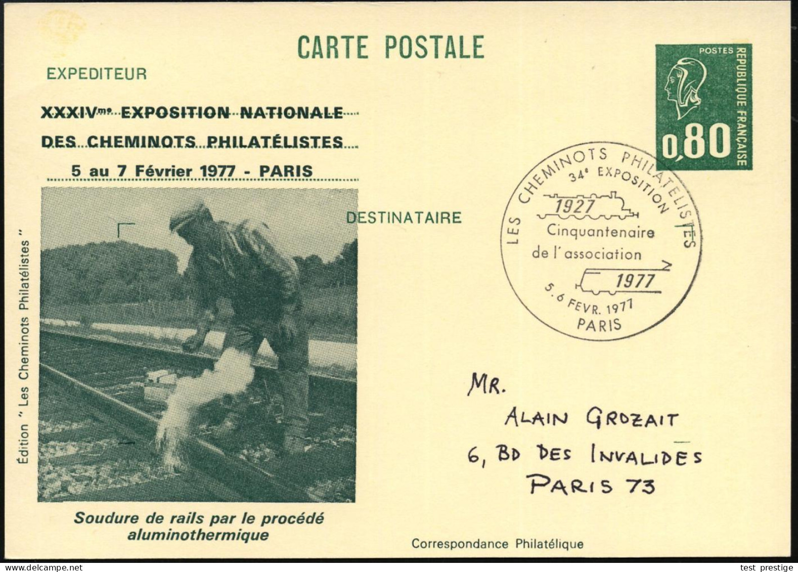 FRANKREICH 1975 (Febr.) Amtl. P 0,60 F., Grün + Bildzudruck: XXXIIème EXPOS. NATIONALE DES CHEMINOTS PHILATELISTES = Sch - Trenes