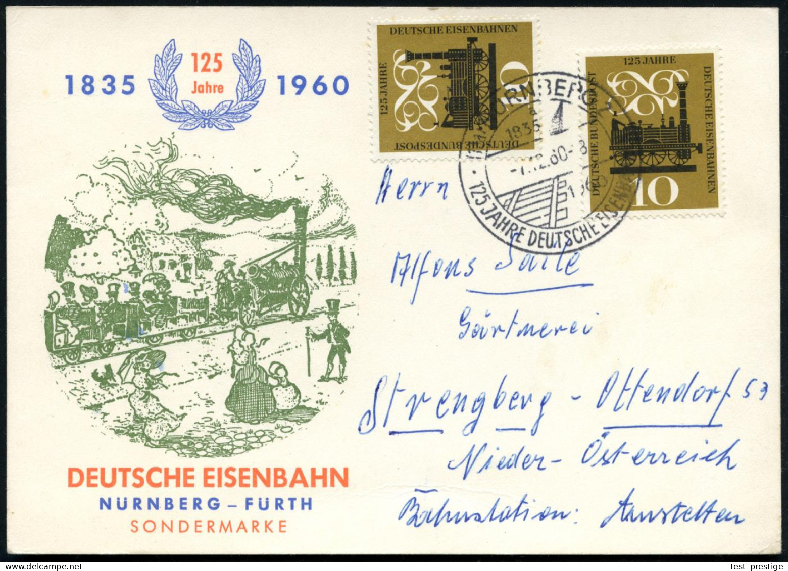 (13a) NÜRNBERG 2/ A/ 1835/ 1960/ 125 JAHRE DEUTSCHE EISENBAHN 1960 (7.12.) SSt Auf 2x 10 Pf. "125 Jahre Deutsche Eisenba - Trenes