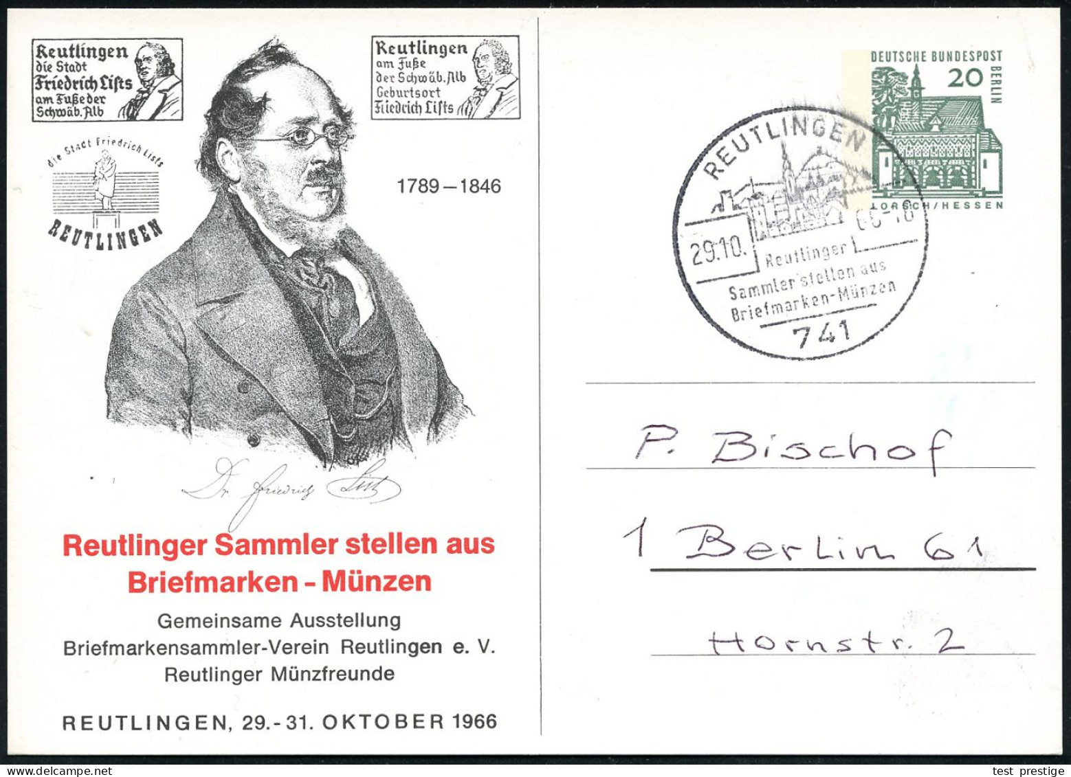 741 REUTLINGEN/ Reutlinger/ Sammler Stellen Aus 1966 (29.10.) SSt Auf PP 20 Pf. Lorsch Berlin, Grün: Friedrich List (Bru - Eisenbahnen