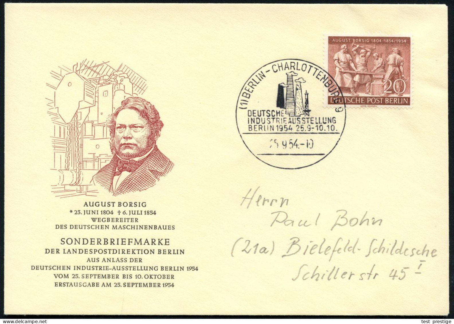 BERLIN 1954 (25.9.) 20 Pf. "100. Todestag A. Borsig", EF (= Beuth-Denkmal) + ET-SSt.: (1) BERLIN-CHARLOTTENBG. 9 (Indust - Trenes