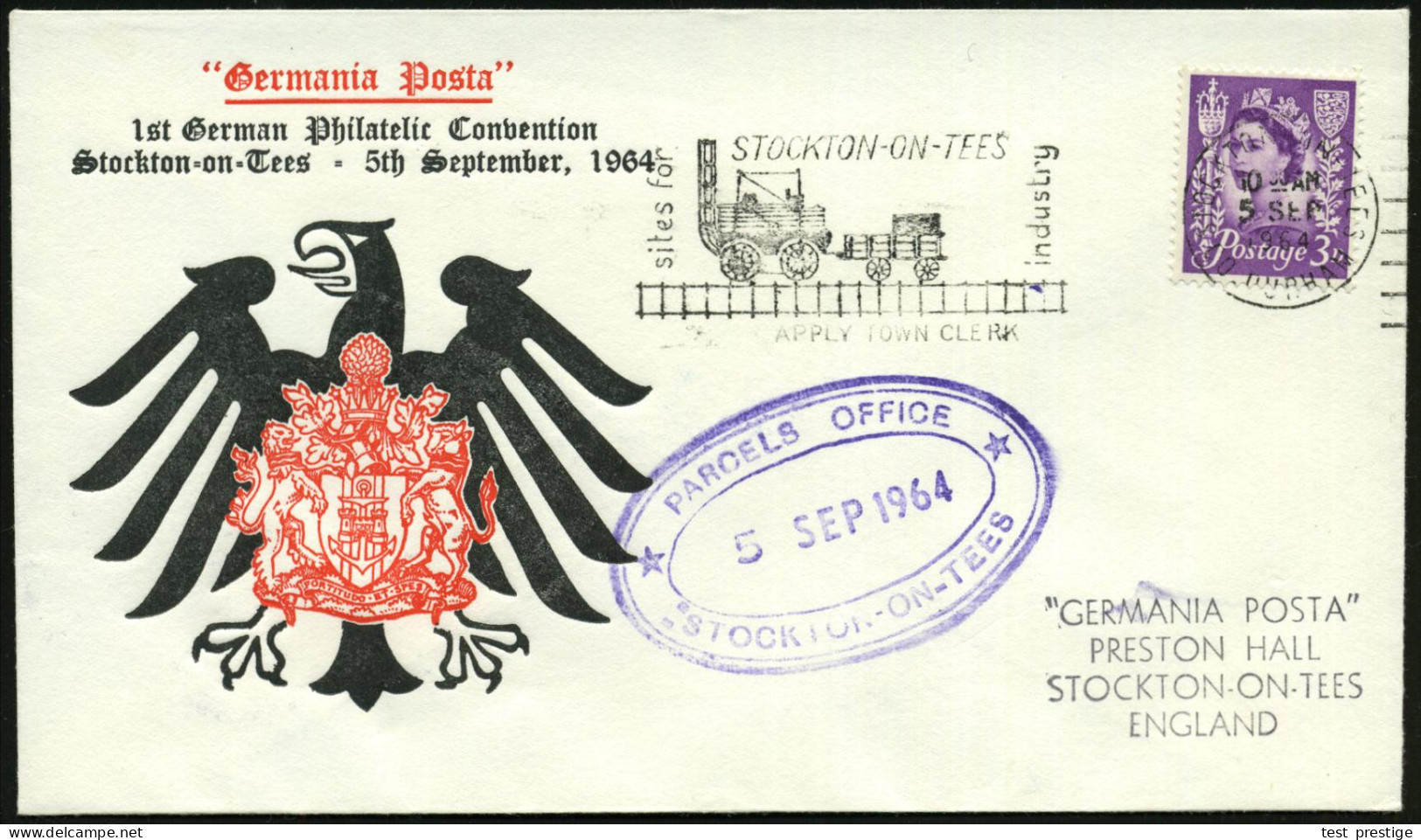 GROSSBRITANNIEN 1964 (5.9.) MaWSt: STOCKTON-ON-TEES/sites For/industry.. = Histor. Dampflok Von G. Stephenson , Rs. Vign - Eisenbahnen