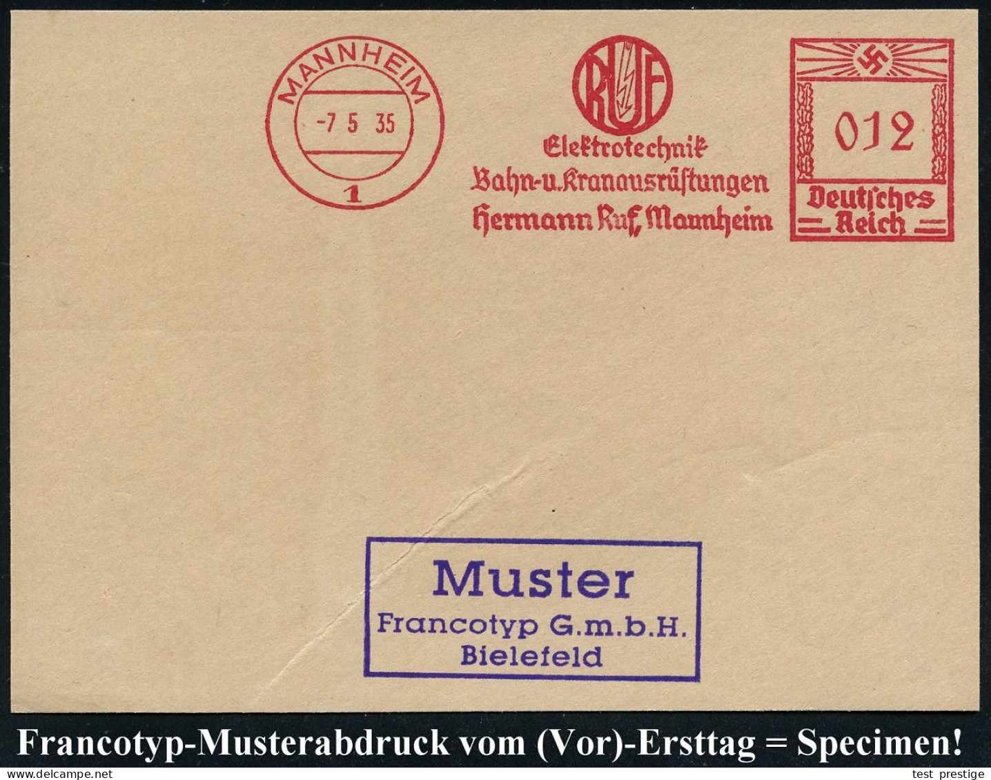 MANNHEIM/ 1/ RUF/ Elektrotechnik/ Bahn-u.Kranausrüstungen/ Hermann Ruf 1935 (7.5.) AFS-Musterabdruck Francotyp "Hakenkre - Trenes