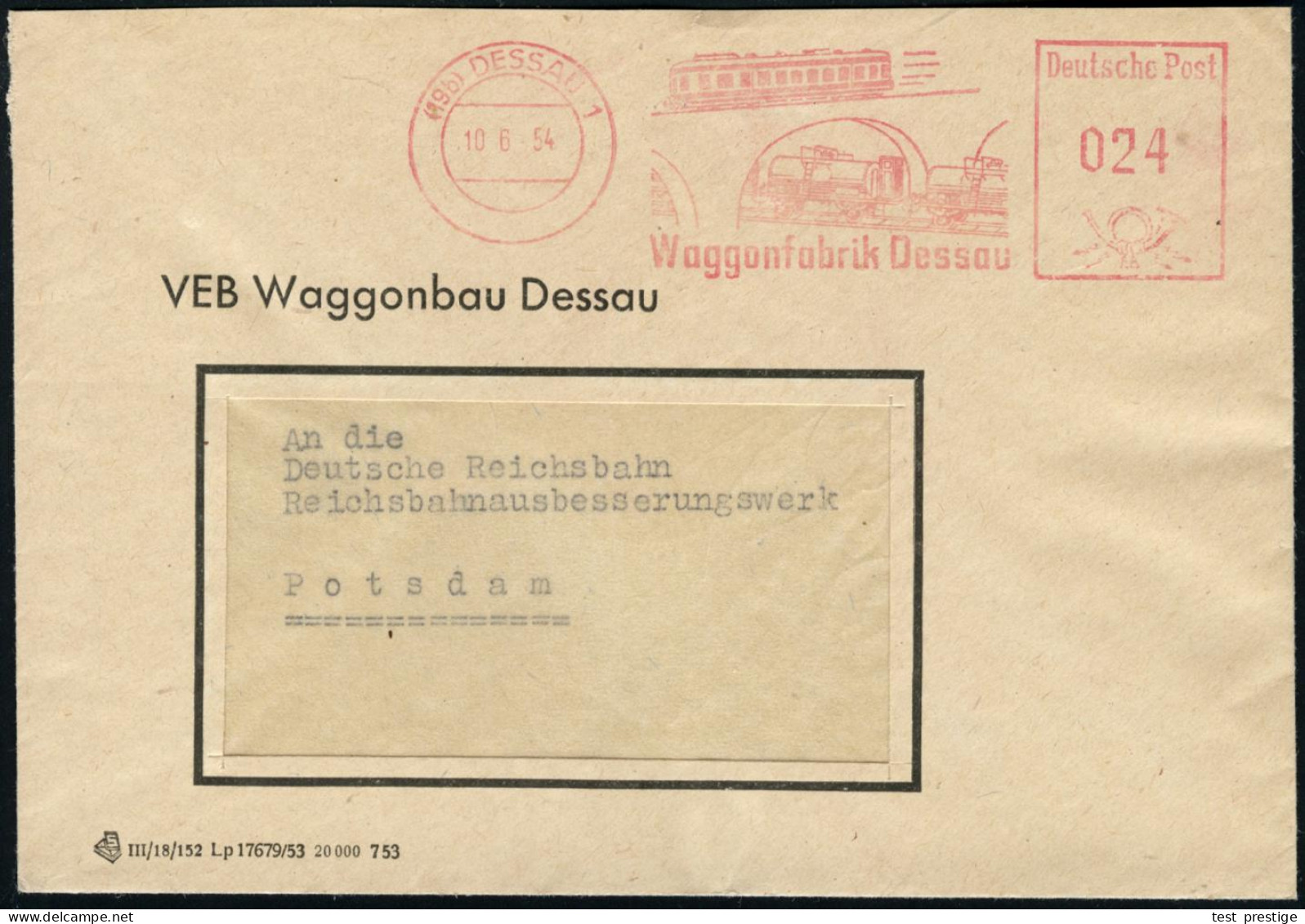 (19b) DESSAU 1/ Waggonfabrik Dessau 1952 (24.6.) Dekorativer Rotr AFS = Diesel-Triebwagen, Kessel-Waggons, Bahn-Viadukt  - Trains
