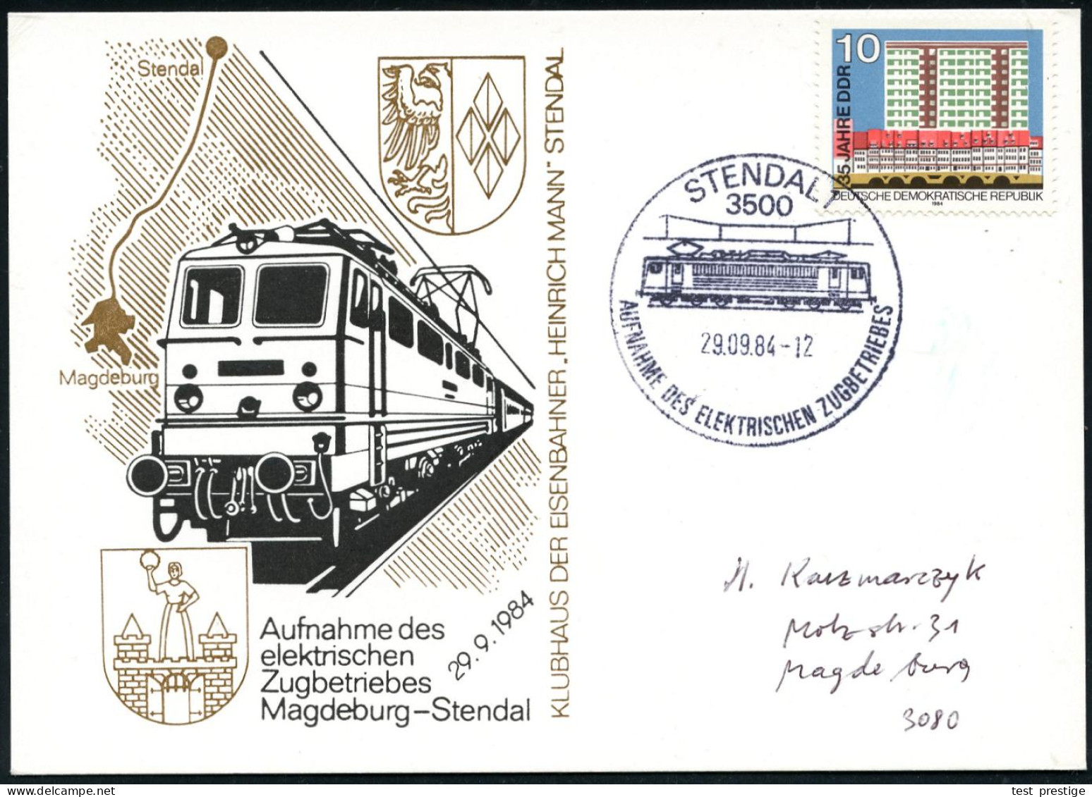 3500 STENDAL 1/ AUFNAHME DES ELEKTR.ZUGBETRIEBES 1984 (29.9.) SSt = Elektrolok , Klar Gest. Motiv-ähnl. Jubil.-Sonderkar - Trains